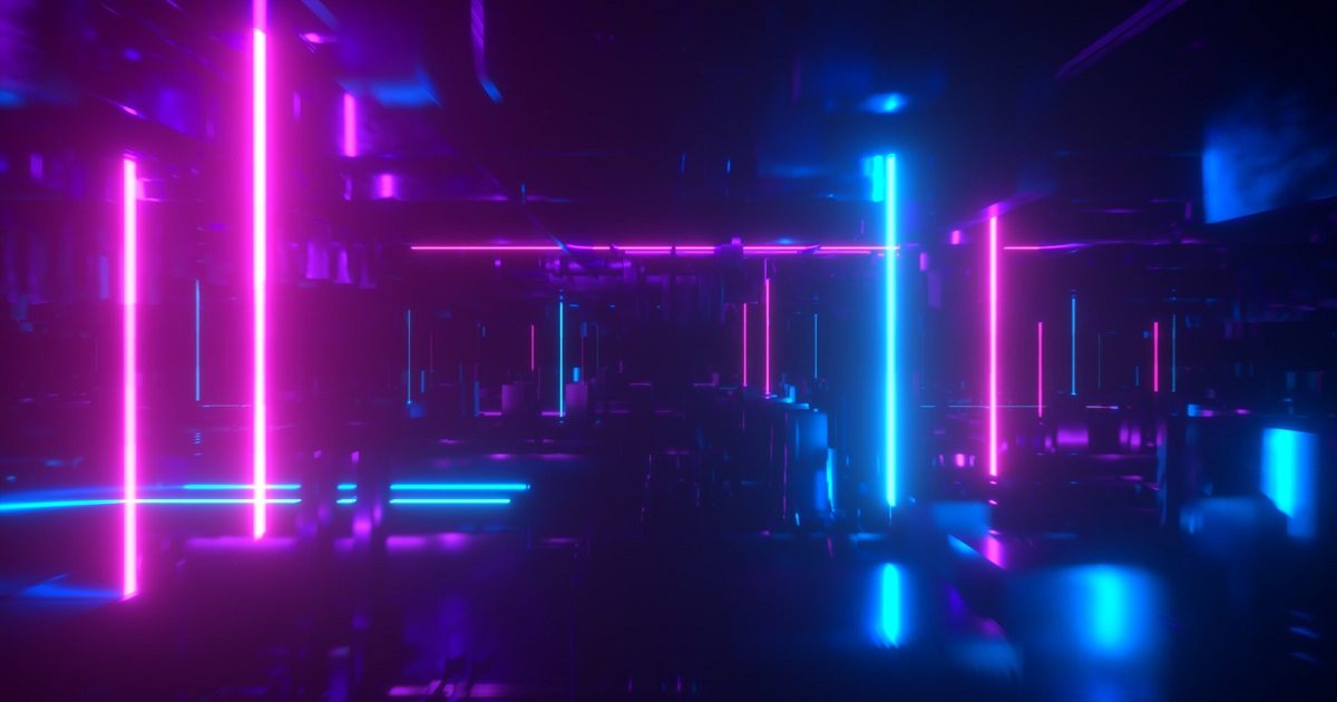 Flying in a technological abstract space with luminous neon tubes. Cyberpunk style. Modern ultraviolet spectrum of light. Blue purple color. 3d illustration